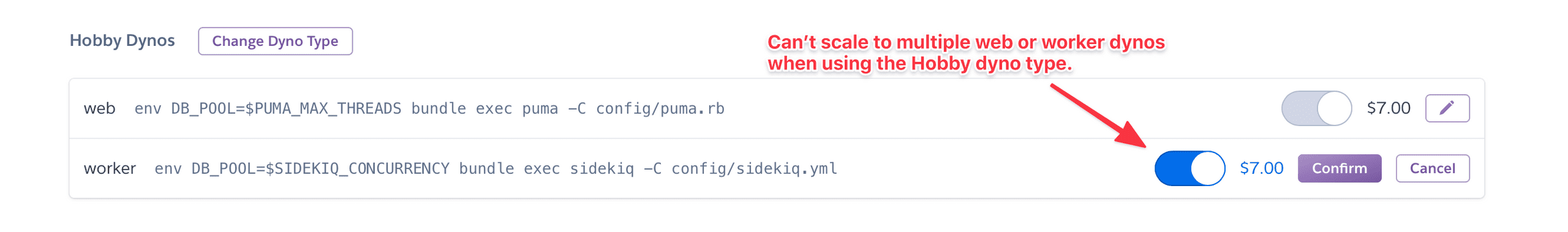 Hobby dynos limited to a single web or worker dyno