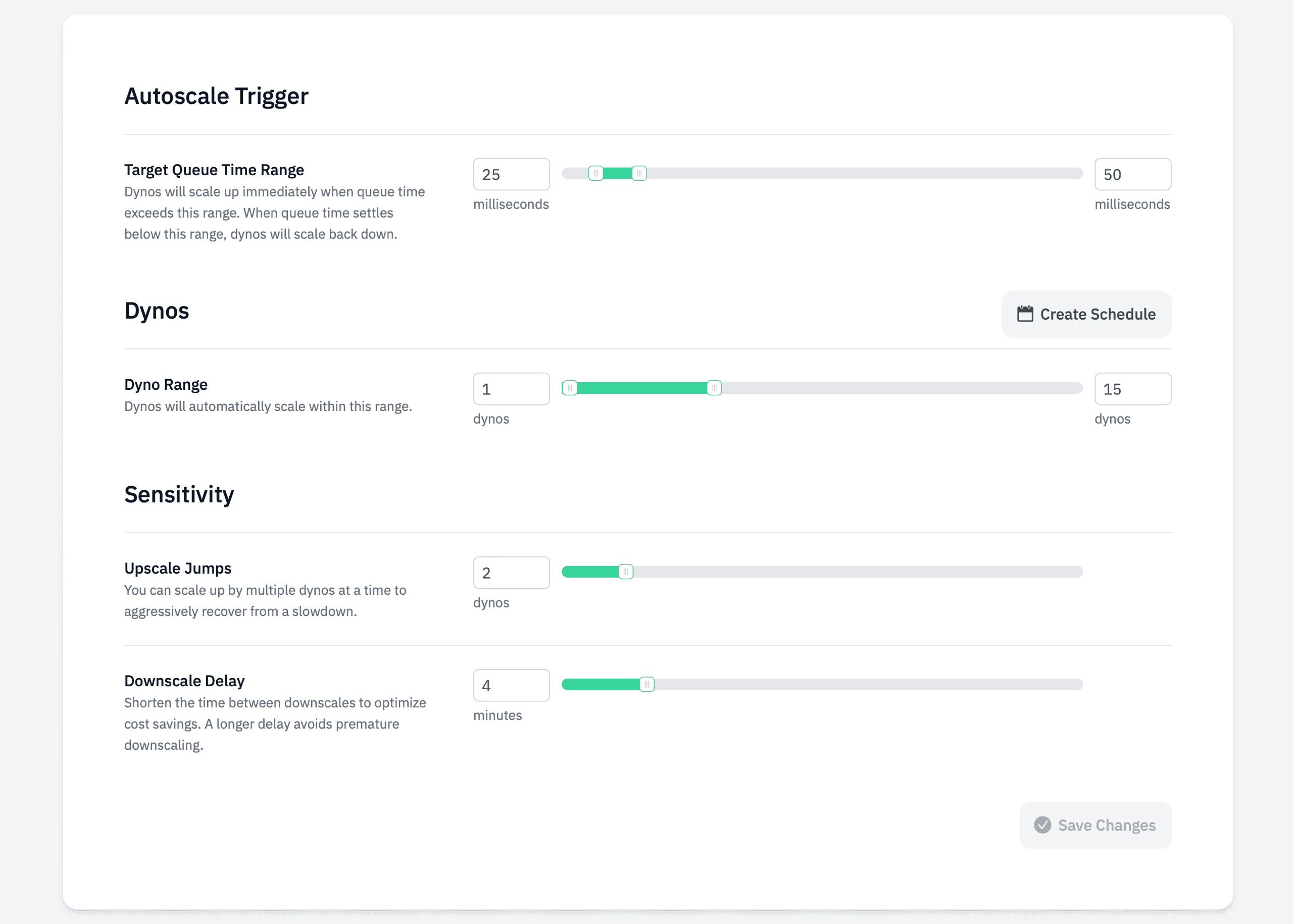 Screenshots of Rails Autoscale scaling settings